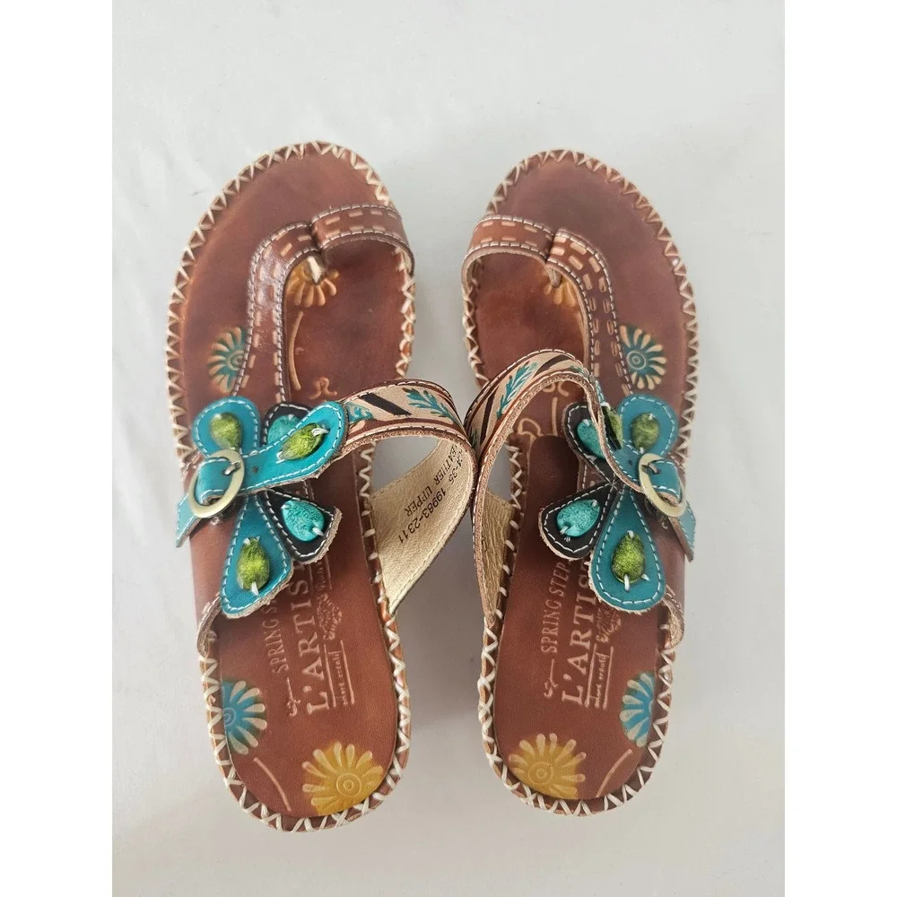 Western L'Artiste Spring Step Santorini Leather Sandals Women 35 Brown Turquoise